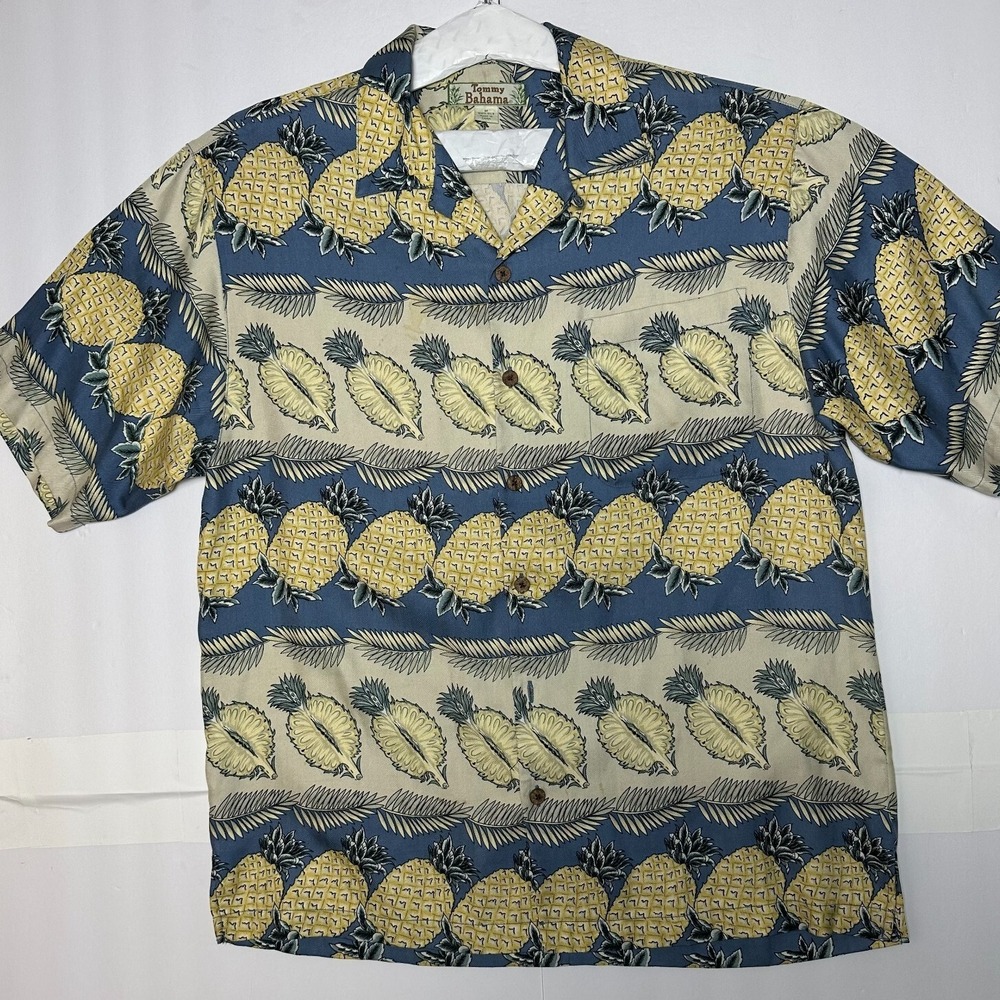 Tommy Bahama Men's Pineapple Print Silk Hawaiian Button Up Shirt Size M Stained